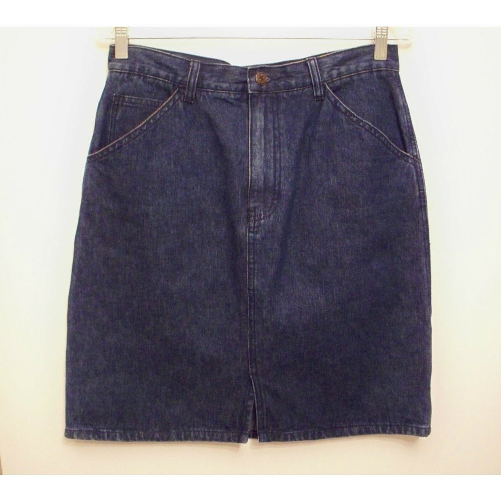 Real Comforts Skirt Sz 10 Navy Blue Jean Denim Prewashed Cotton Short Straight